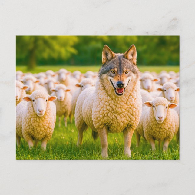 Postal Festiva Lobo disfrazado de oveja en pradera (Anverso)