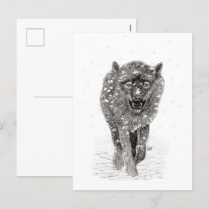 Postal Festiva Lobo negro enojado en la nieve, invierno salvaje