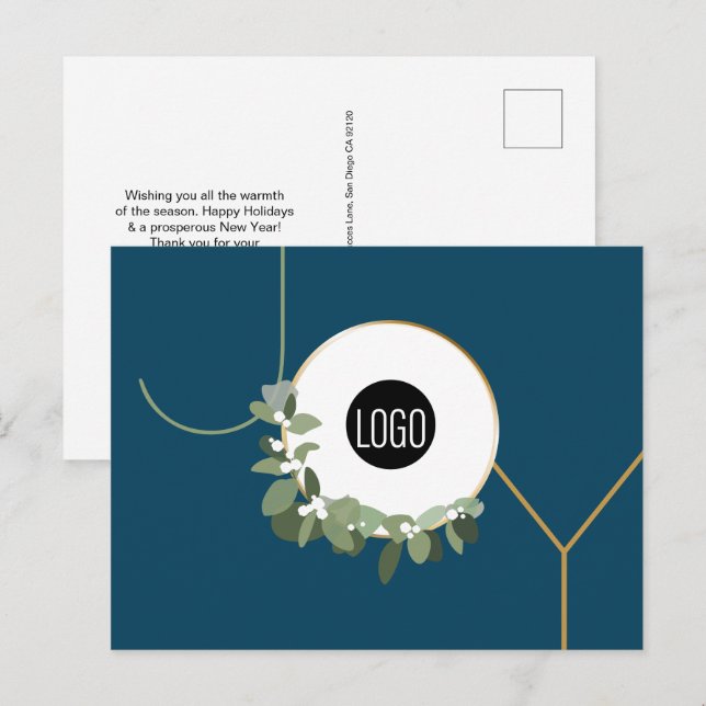 Postal Festiva Logo de Blue Modern Wreath JOY Personalizado Busin (Anverso / Reverso)