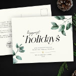 Postal Festiva Logo de Eucalyptus Business con guión Minimalista<br><div class="desc">Diseño elegante y elegante de escritura tipografía de negocios postales de vacaciones leyendo vacaciones más felices junto con ilustraciones modernos de eucalipto acuarela sobre un copo de nieve dorado impreso, tu personalizado de texto y mensaje. En la parte trasera hay espacio para otro mensaje y su logotipo corporativo. Este moderno,...</div>