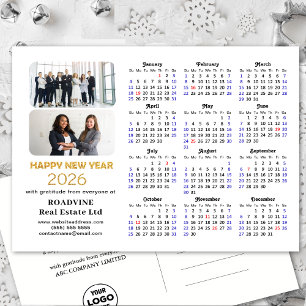 Postal Festiva Logo de negocios 2026 Calendario Purpurina de oro 