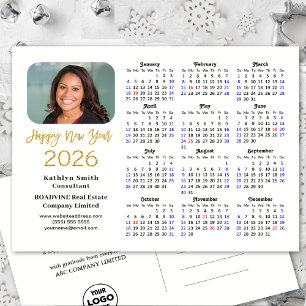 Postal Festiva Logo de negocios 2026 Calendario Purpurina de oro 