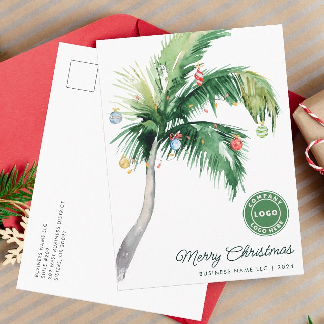Postal Festiva Logotipo de negocio costero de la palmera navideña (Business Logo Palm Tree Christmas Company Greeting Postcard)