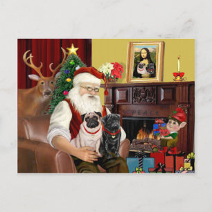 Postal Festiva Los 2 Pugs de Santa (beige + negro)