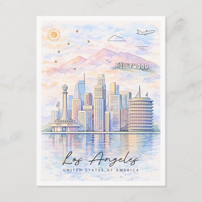 Postal Festiva Los Angeles Skyline Watercolor | LA Travel (Anverso)