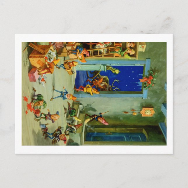 Postal Festiva Los duendes de Santa en su taller el Nochebuena (Anverso)