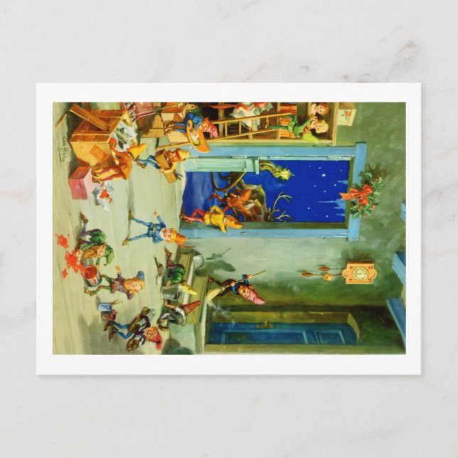 Postal Festiva Los Elfos de Santa Ocupados en su taller sobre el  (Anverso)