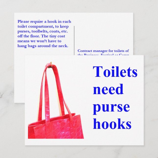 Postal Festiva Los inodoros necesitan ganchos para bolsos (Anverso / Reverso)