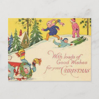 Postal Festiva Los niños tiran en una colina nevada - aspecto vin