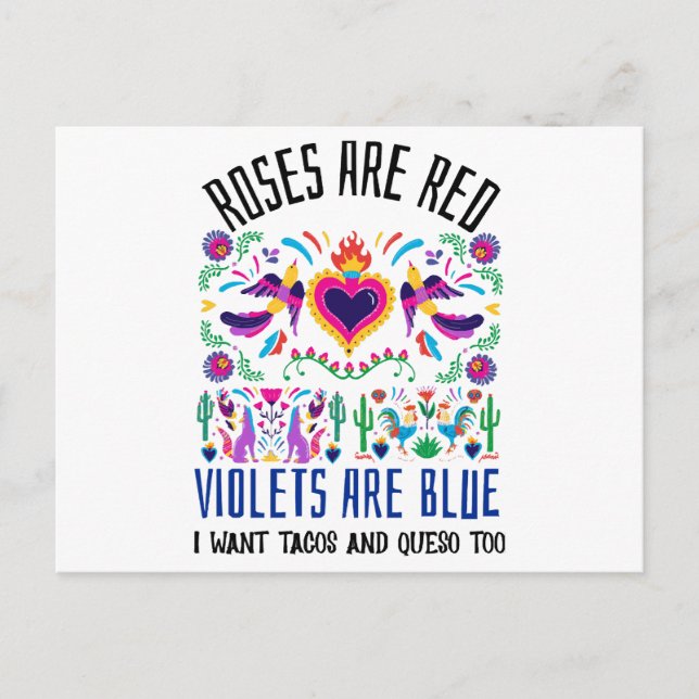 Postal Festiva Los rosas son rojos con un adorable arte mexicano (Anverso)