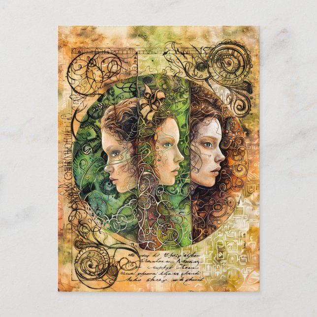 Postal Festiva Los tres Norns, Diosas del Destino Nórdico (Anverso)