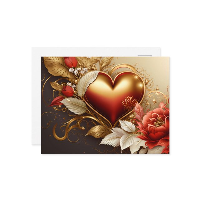 Postal Festiva Love Heart and Floral red gold decorative Design (Anverso/Reverso In Situ)