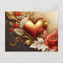 Postal Festiva Love Heart and Floral red gold decorative Design
