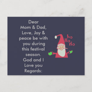 Postal Festiva Love Joy and Peace Mom and Dad diseño inspirado nu