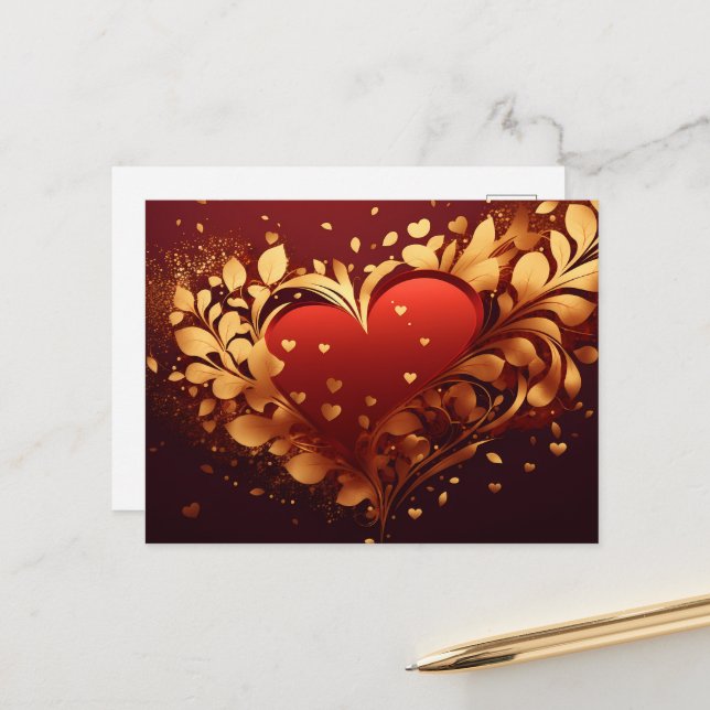 Postal Festiva Lovely Heart and Floral golden decorative Design (Anverso/Reverso In Situ)
