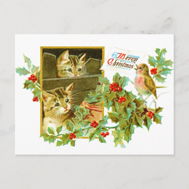 Postal Festiva Lovely Kitties y Robin | Cute Vintage Christmas (Anverso)