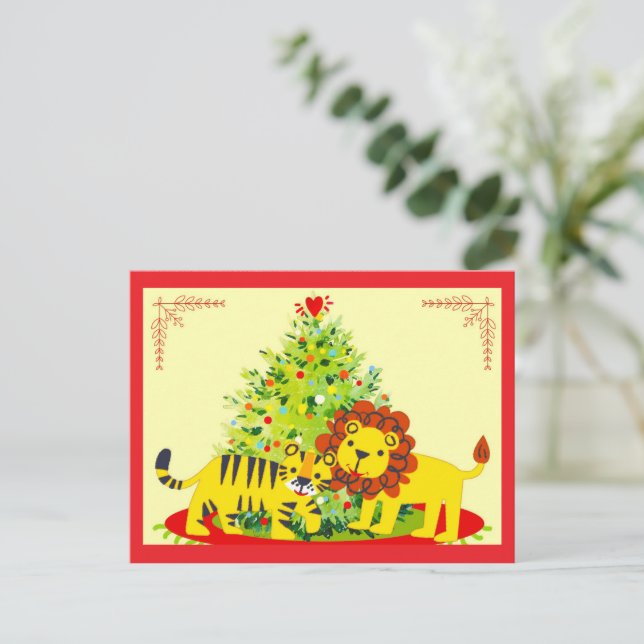 Postal Festiva Loving Lion & Tiger Happy Holiday Postcard (Anverso de pie)