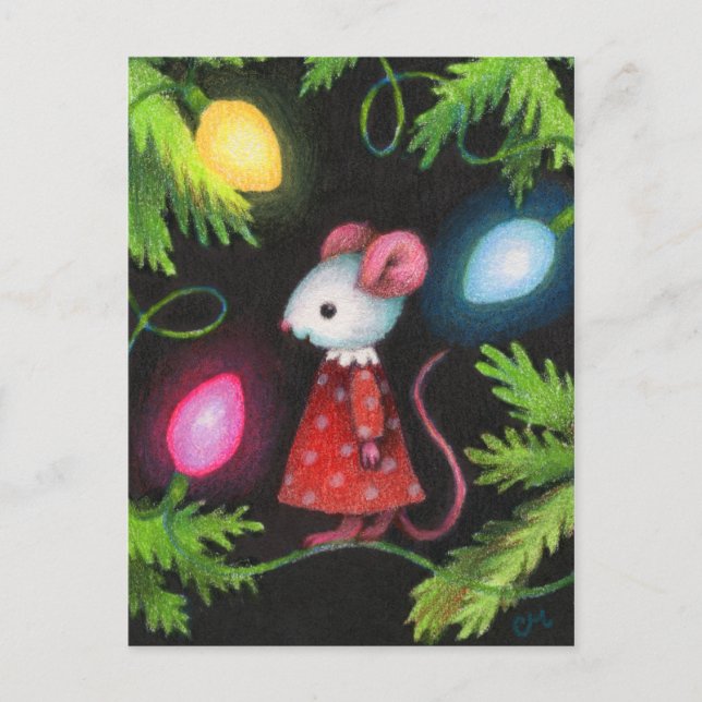 Postal Festiva Luces de bonito - Arte de ratón de árbol de Navida (Anverso)