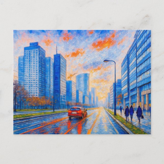 Postal Festiva Luces de la tarde en Varsovia - pintura al óleo ex (Anverso)