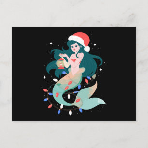 Postal Festiva Luces de linterna de sombrero de Santa Mermaid Nav