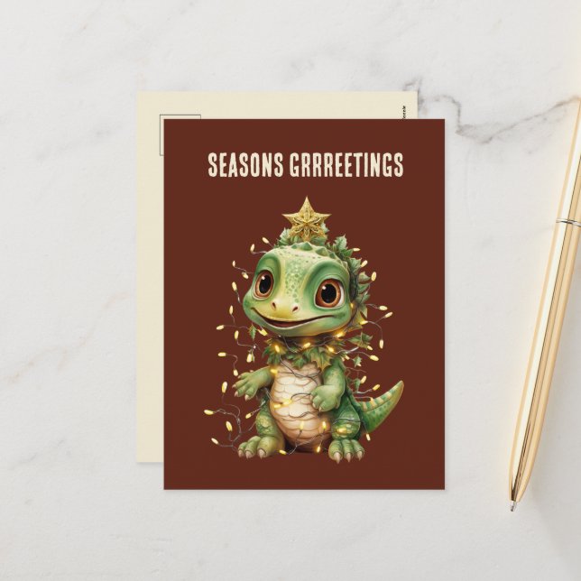 Postal Festiva Luces de los Navidades de los dinosaurios acuarela (Anverso/Reverso In Situ)