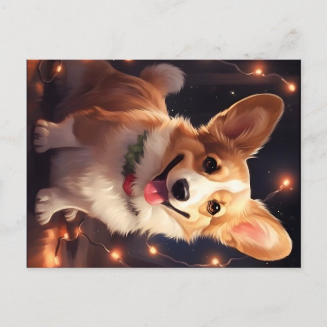 Postal Festiva Luces de Navidades de Corgi Feliz (Anverso)