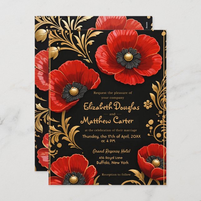 Postal Festiva Luxury Black Red and Gold Floral Wedding  (Anverso / Reverso)