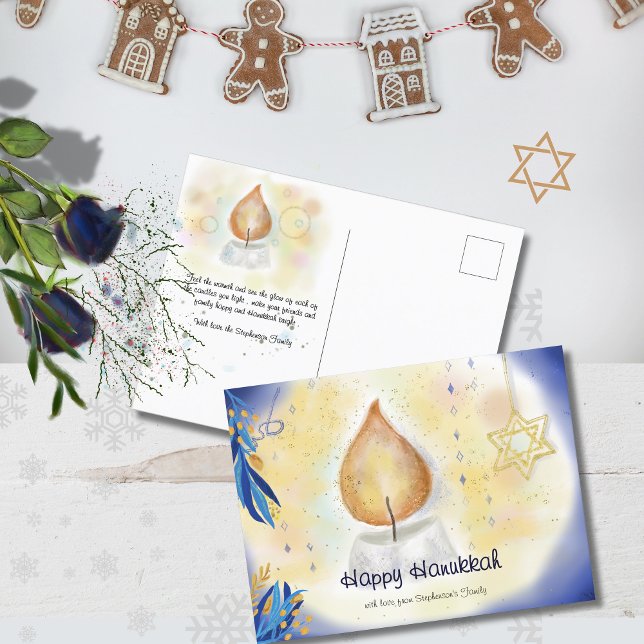Postal Festiva Luz de las velas Feliz Hanukkah acuarela (Candle Light Happy Hanukkah watercolor Holiday Postcard)