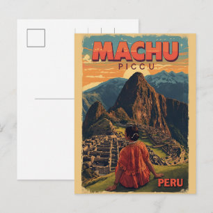 Postal Festiva Machu Picchu Perú niña local vistas de montaña reg