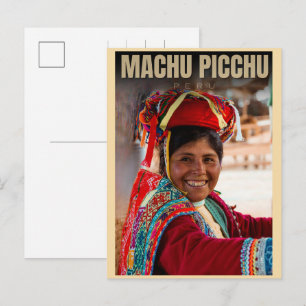 Postal Festiva Machu Picchu Perú niña local vistas de montaña reg