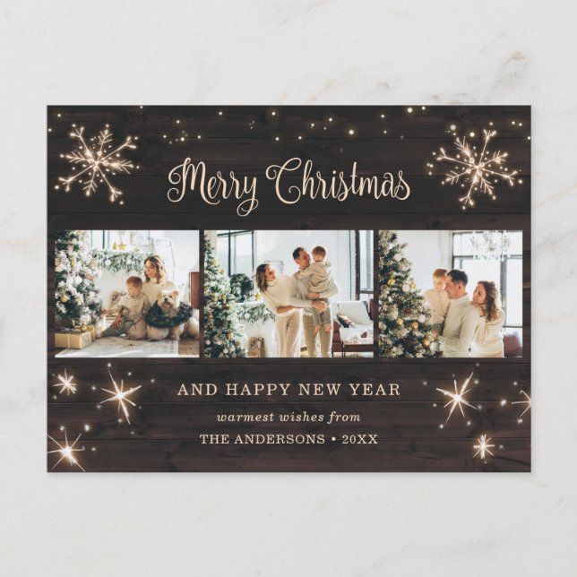 Postal Festiva Madera Rústica Snowflake 3 Collage de fotos (Anverso)