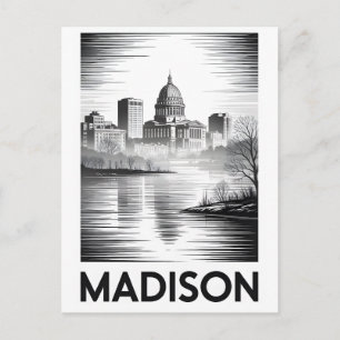 Postal Festiva Madison Wisconsin Silueta Urbana Grabado en Madera