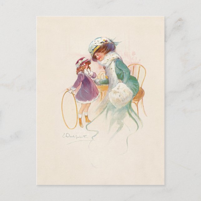 Postal Festiva Madre victoriana bonito en Ermine con hija (Anverso)