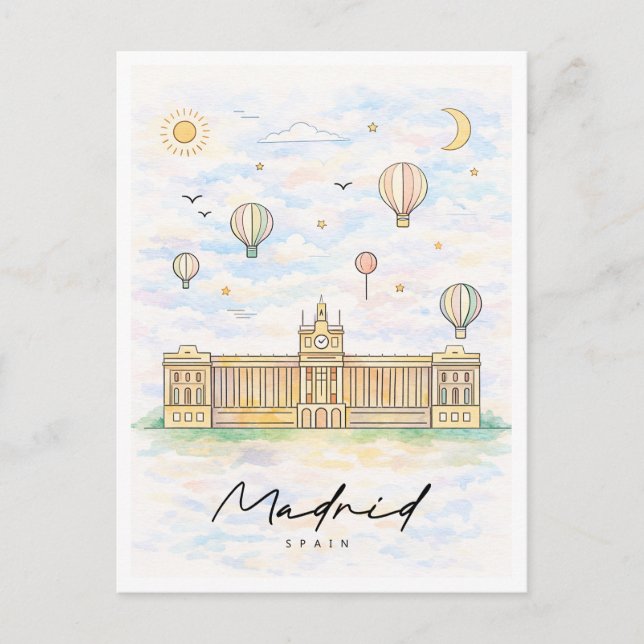 Postal Festiva Madrid Skyline Watercolor | Spain Travel (Anverso)