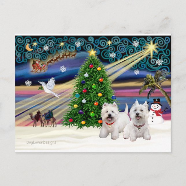 Postal Festiva MAGIA DE NAVIDAD-ParejaWestie5y8 (Anverso)