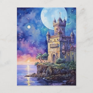 Postal Festiva Magia iluminada por luna sobre un castillo portugu