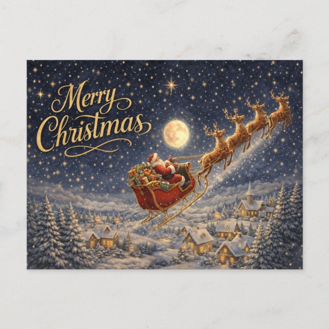 Postal Festiva Magical Gold Santa Night Sky Merry Christmas (Anverso)