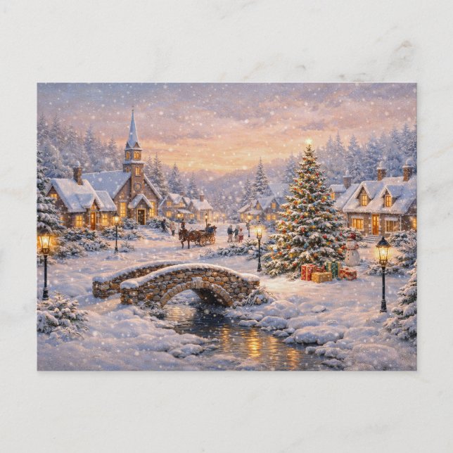 Postal Festiva Magical Snowy Christmas Village at Sunset (Anverso)