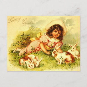 Postal Festiva Magnífica Chica victoriana Easter Bunnies PostCard