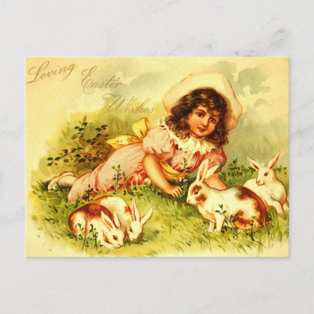 Postal Festiva Magnífica Chica victoriana Easter Bunnies PostCard (Anverso)