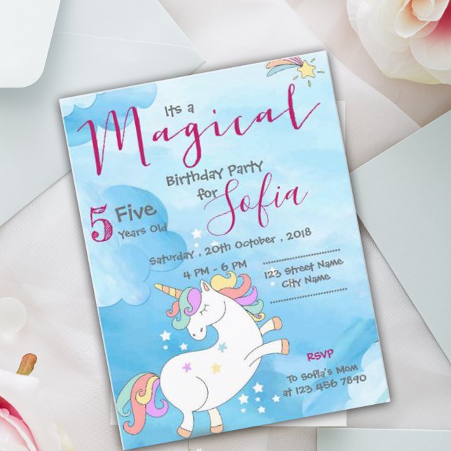 Postal Festiva Magnífica fiesta de cumpleaños de Blue Sparkle con (Magical Unicorn Themed Blue Sparkle Birthday Party Holiday Postcard)