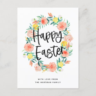 Postal Festiva Magnífica tipografía acuarela Floral Wreath Easter