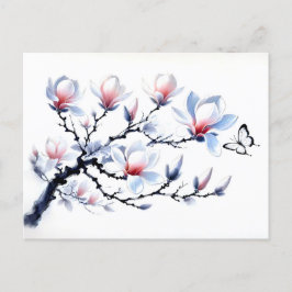 Postal Festiva Magnolia con pintura de tinta asiática de mariposa