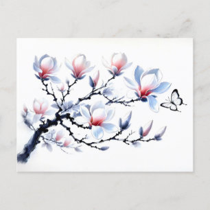 Postal Festiva Magnolia con pintura de tinta asiática de mariposa