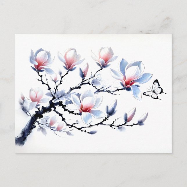 Postal Festiva Magnolia con pintura de tinta asiática de mariposa (Anverso)