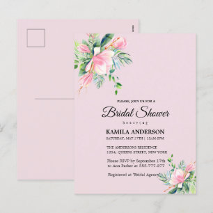 Postal Festiva Magnolia rosa elegante acuarela Ducha de novias
