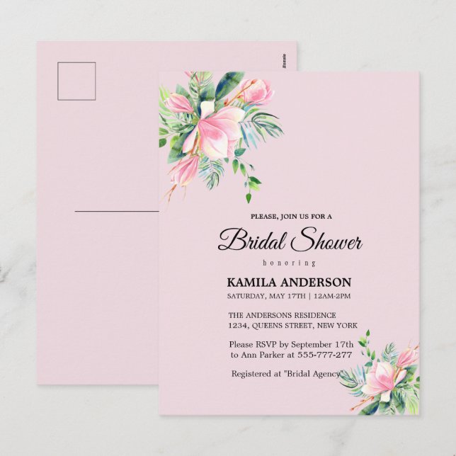 Postal Festiva Magnolia rosa elegante acuarela Ducha de novias (Anverso / Reverso)
