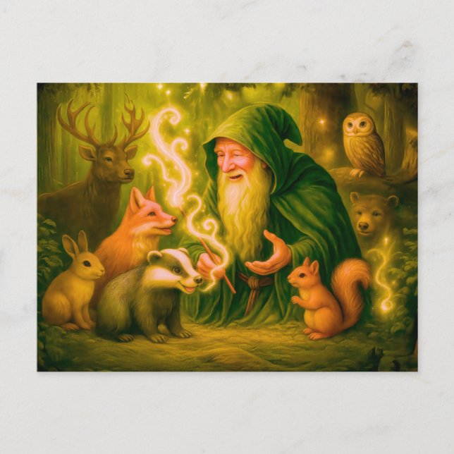 Postal Festiva Mago del bosque hablando con animales en óleo (Anverso)