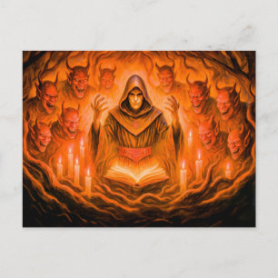 Postal Festiva Mago invocador de demonios en pintura al óleo