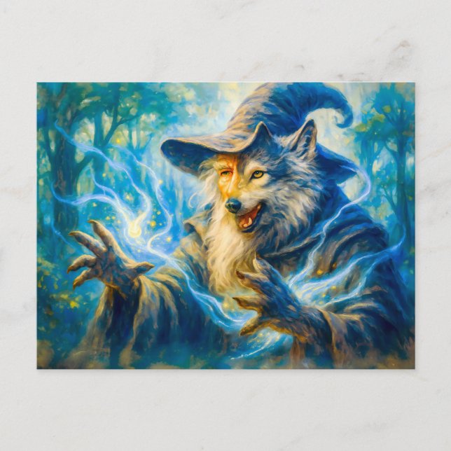Postal Festiva Mago lobo que se transforma en estilo óleo de fant (Anverso)